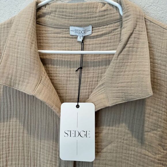 NWT S’edge Tan 100% Gauzy Cotton Button Front Shirt Dress - Size Large - Picture 4 of 7
